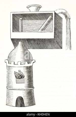 Giambattista della Porta apparatus (steam lifts water). By unidentified author, publ. on Magasin Pittoresque, Paris, 1847 Stock Photo