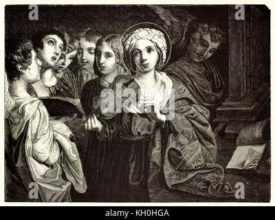 Reproduction of artwork depicting Saint Cecilia. After Domenichino, publ. on Magasin Pittoresque, Paris, 1847 Stock Photo