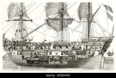 Ship section old illustration. By unidentified author, publ. on Magasin Pittoresque, Paris, 1847 Stock Photo