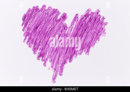 Purple heart crayon draw on white paper Stock Photo