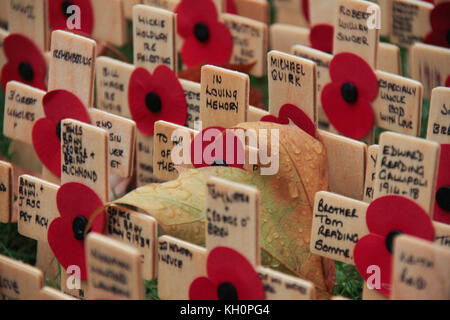 London, UK. 11th Nov, 2017. Thousands of crosses planted at the Fields of Remembrance at Westminster Abbey in London to remember the men and women who have lost their lives in conflict. on November 11, 2017. The first official Armistice Day was subsequently held on November 11, 1919 on the grounds of Buckingham Palace. Credit: david mbiyu/Alamy Live News Stock Photo