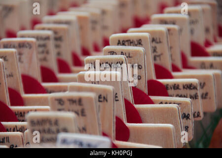 London, UK. 11th Nov, 2017. Thousands of crosses planted at the Fields of Remembrance at Westminster Abbey in London to remember the men and women who have lost their lives in conflict. on November 11, 2017. The first official Armistice Day was subsequently held on November 11, 1919 on the grounds of Buckingham Palace. Credit: david mbiyu/Alamy Live News Stock Photo