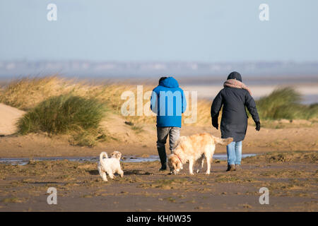 Southport, Merseyside, Sunny in Southport. 12th November 2017.  UK Weather.  A couple take their doggies for a walk on the beach on a sunny Sunday morning at Southport in Merseyside.  Credit: Cernan Elias/Alamy Live News Stock Photo