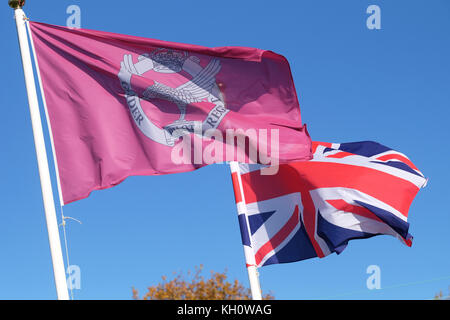 Shobdon airfield, Herefordshire, UK - Sunday 12th November 2017 - The flag of the Glider Pilot Regiment flies over the airfield at Shobdon on Remembrance Sunday - the airfield was built in WW2 and used by the RAF to train glider assault pilots for the invasion of Normandy D-Day and the glider assaults at Arnhem and across the Rhine. Steven May / Alamy Live News Stock Photo