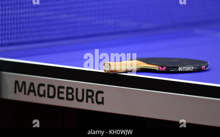 Magdeburg, Germany. 10th Nov, 2017. A close-up during the Men's, single, 2. round of the Table Tennis German Open match between Chuang Chih-Yuan (Taiwan) and Ruwen Filus (Germany) in Magdeburg, Germany, 10 November 2017. Credit: Ronny Hartmann/dpa-Zentralbild/dpa/Alamy Live News Stock Photo