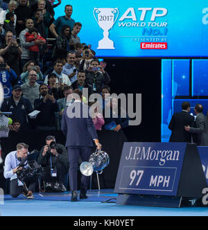 London, UK. 12th Nov, 2017. Rafa Nadal leaves the court after collecting his ATP Trophy for the 2017 season at the O2, London, England on 12 November 2017. Photo by Andy Rowland. Credit: Andrew Rowland/Alamy Live News Stock Photo