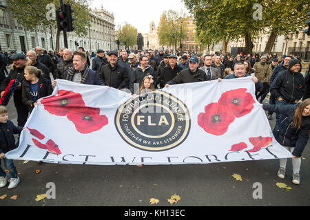 London, UK. 12th Nov, 2017. Members of the Football Lads Alliance (FLA) attend the annual Remembrance Sunday service at the Cenotaph on Whitehall to pay tribute to those who have suffered or died during war. Credit: Guy Corbishley/Alamy Live News Stock Photo