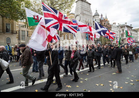 London, UK. 12th Nov, 2017. Members of the National Front (NF) far-right group march to the Cenotaph in Whitehall on Remembrance Sunday. Credit: Guy Corbishley/Alamy Live News Stock Photo