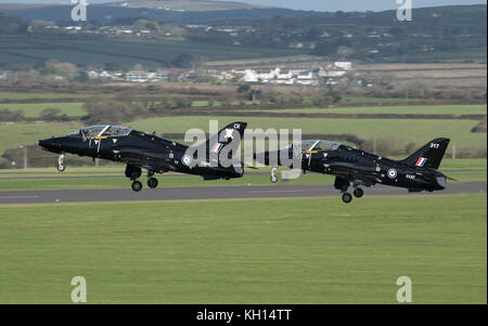 RNAS Culdrose, Cornwall, UK. 13th November, 2017. Royal Navy Hawks of 736 Squadron take of from RNAS Culdrose for a formation flypast prior to The 'embarkation' of multiple Royal Navy aircraft from RNAS Culdrose today. EXERCISE Kernow Flag has begun. With a new era of 'carrier aviation' just around the corner, Exercise Kernow Flag will help Culdrose to get 'Carrier Ready' through an intensive flying programme and test the whole air station Credit: Bob Sharples/Alamy Live News Stock Photo