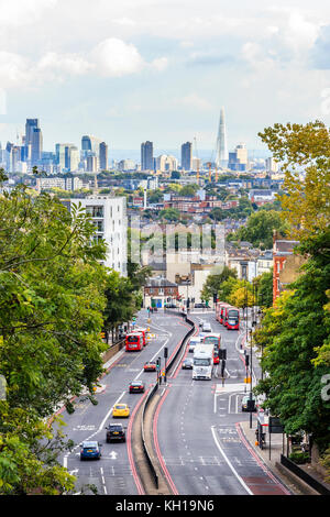View of Archway, the A1 road and the City of London from Hornsey Lane Bridge, North Islington, London, UK