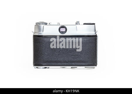 1950s Kodak Retinette 35mm roll film camera with Schneider-Kreuznach Reomar 45mm lens, isolated against a white background Stock Photo