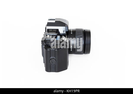 1980s Minolta Maxxum 7000 automatic 35mm roll film SLR camera, 35-80mm zoom lens, isolated against a white background Stock Photo