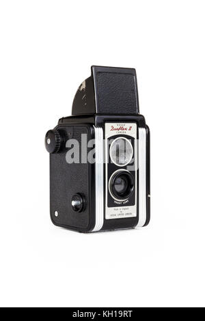 Kodak Duaflex II 620 roll film camera with Kodet lens, isolated against a white background Stock Photo