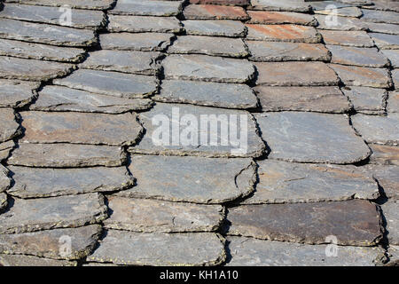 BLATTEN, SWITZERLAND - SEPT. 25, 2017: Detail of a traditional flagstone or slate roof. Stock Photo