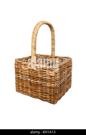 An empty wicker wine basket against a white background Stock Photo