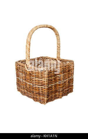 An empty wicker wine basket against a white background Stock Photo
