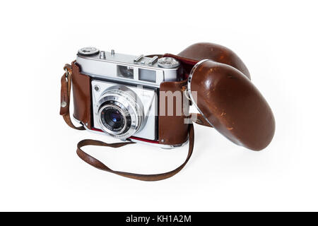 1950s Kodak Retinette 35mm roll film camera with Schneider-Kreuznach Reomar 45mm lens, in original leather case, isolated against a white background Stock Photo