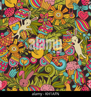 Cartoon hand-drawn doodles on the subject Easter theme seamless pattern. Line art sketch detailed, with lots of objects background Stock Photo