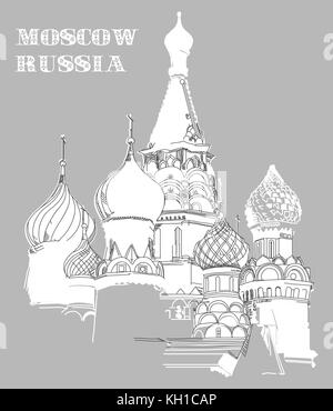 Saint Basil's Cathedral of Kremlin (Moscow) vector hand drawing illustration in white color on grey background Stock Vector