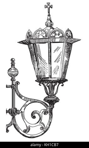 Hand drawing isolated illustration of old street lamp ( near Cathedral of Christ the Savior in Moscow) in black color on white background Stock Vector