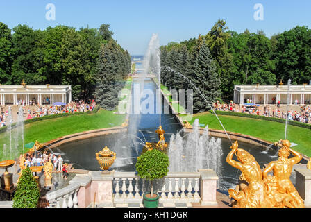 Peterhof, the Summer Palace. Looking down upon the channel and the powerful fountains with Samson. Stock Photo