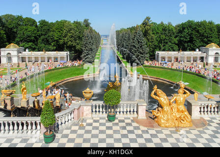 Peterhof, the Summer Palace. Looking down upon the channel and the powerful fountains with Samson. Stock Photo