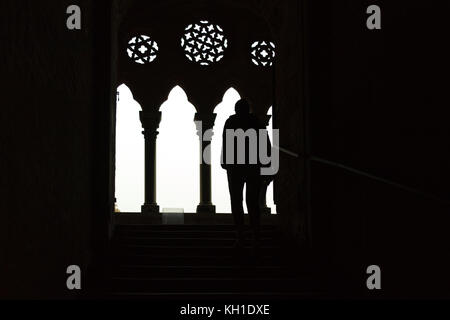 A silhouette of a girl walking up the stairs to a lucent gothic parapet Stock Photo