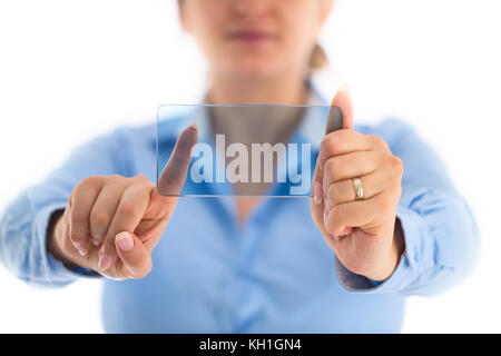 Woman hand holding blank futuristic transparent mobile, smart phone with copy space Stock Photo