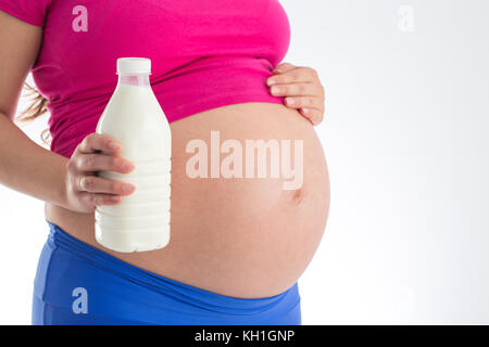 Pregnancy and healthy menu - pregnant woman with milk bottle isolated on white background Stock Photo