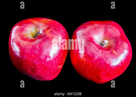 Two big red ripe appetizing apples on black background Stock Photo