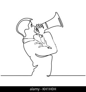 Continuous line drawing. Man screaming with megaphone . Vector illustration Stock Vector