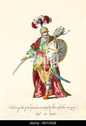 Sipahi Commander in Chief in traditional dresses. Long red cloak, sword, shield, bow and arrows. Old illustration by J.M. Vien, publ. 1757-1772 Stock Photo