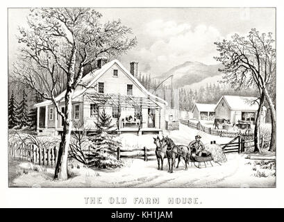 Antique illustration of an old farm house. By Currier & Ives, publ. in New York, 1872 Stock Photo