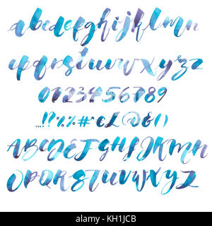 Watercolor Alphabet. Exclusive Custom Characters. Hand Lettering and Typographic art for Designs: Logo, for Poster, Invitation, Card, etc. Brush Typography. Handwritten style modern cursive font. Stock Photo