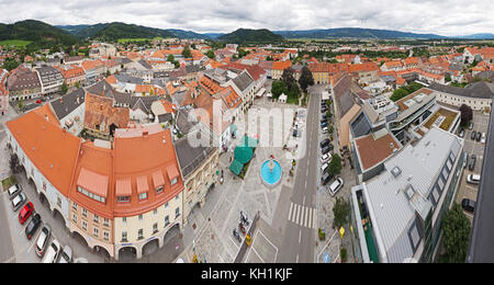 JUDENBURG, AUSTRIA - AUGUST 2017: Panorama aerial view of the historic town in Styria, Austria, seen from the city tower. Stock Photo