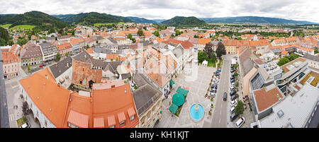 JUDENBURG, AUSTRIA - AUGUST 2017: Panorama aerial view of the historic town in Styria, Austria, seen from the city tower. Stock Photo