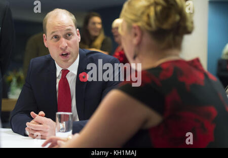 The Duke of Cambridge, meets beneficiaries of the Welsh Rugby Charitable Trust which supports players who have been injured playing football and rugby in Wales, ahead of the Wales v Australia Autumn International rugby match at the Principality Stadium in Cardiff, Wales. Stock Photo