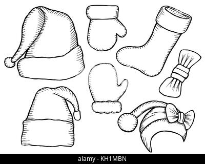 Set of monochrome doodle hats boots, socks Santa Claus. Template Christmas hat for design, decorating cards and collages. Stock Vector