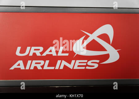 Beijing, China - October 2017: Ural Airlines company logo at Beijing Airport. Ural Airlines is one of the major airlines Russia. Stock Photo