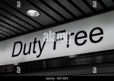 duty free shop sign inside of an international airport Stock Photo