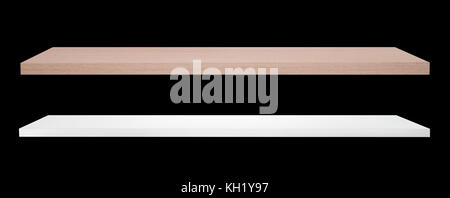 white and brown colour wooden shelf isolated on black background Stock Photo