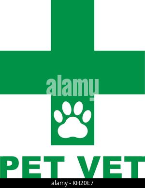 Pet vet sign with green cross with white paw, vector illustration. Stock Vector