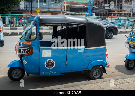 Jakarta, Indonesia - November 2017: Tuk Tuk, motorized rickshaw, in downtown Jakarta. Rickshaw is a common form of public transport in South East Asia Stock Photo