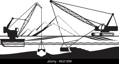 Cranes extracting sand from bottom of river - vector illustration Stock Vector