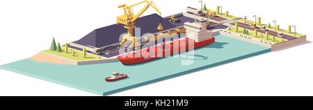 Vector low poly coal terminal and bulk carrier Stock Vector