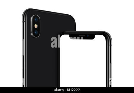 Rotated black smartphone mockup similar to iPhone X front and back sides cropped Stock Photo