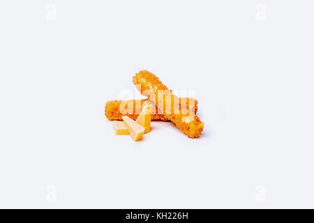 Fried Cheese nuggets on white background. Fried mozzarella cheese sticks on white background. Stock Photo