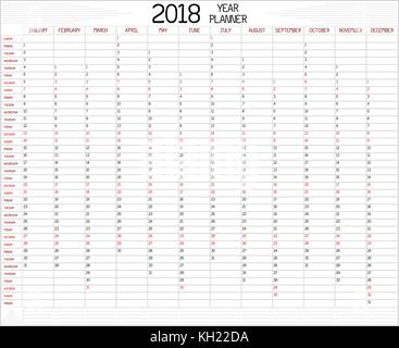 Year 2018 Planner - An annual planner calendar for the year 2018 on white. A custom handwritten style is used. Stock Vector