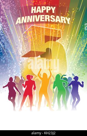 Colorful crowd of dancing people celebrating fifth anniversary Stock Vector