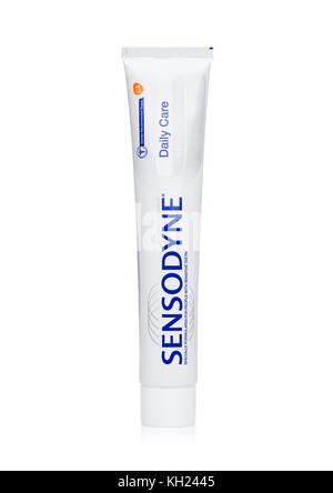 LONDON, UK - NOVEMBER 10, 2017: Sensodyne dayly care toothpaste on white background,Sensodyne is a product by GlaxoSmithKline Stock Photo